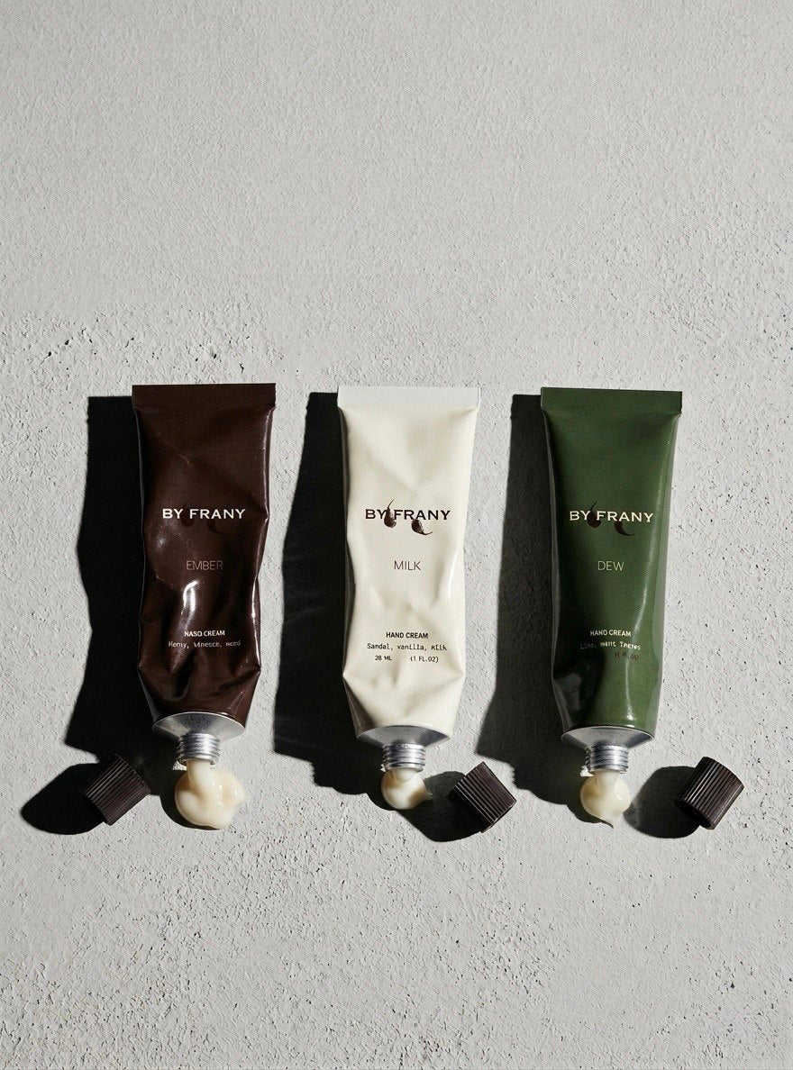 By Frany hand creams in Ember, Milk and Dew scents